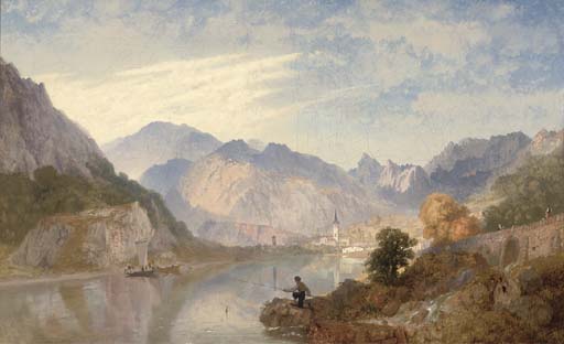 Wikioo.org - The Encyclopedia of Fine Arts - Painting, Artwork by James Baker Pyne - A Picnic On The Lago D'orta With The Town Of Omegna Beyond