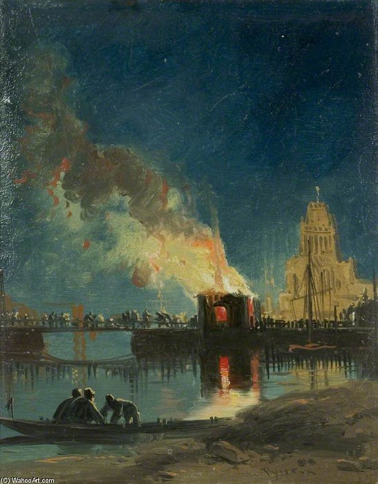 Wikioo.org - The Encyclopedia of Fine Arts - Painting, Artwork by James Baker Pyne - Bristol Riots - The Burning Of The Toll Houses, Prince Street Bridge