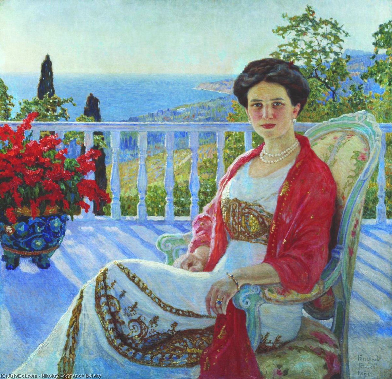 Wikioo.org - The Encyclopedia of Fine Arts - Painting, Artwork by Nikolai Petrovich Bogdanov Belsky - Lady On A Balcony
