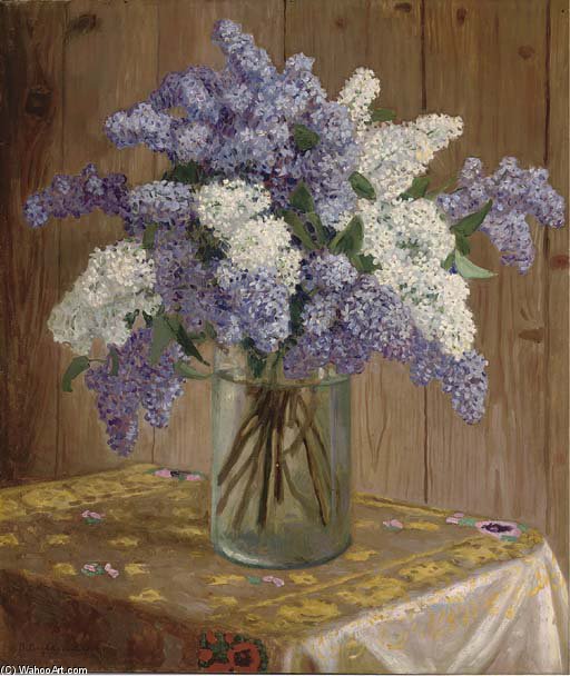 Wikioo.org - The Encyclopedia of Fine Arts - Painting, Artwork by Nikolai Petrovich Bogdanov Belsky - Purple And White Lilacs In A Glass Vase
