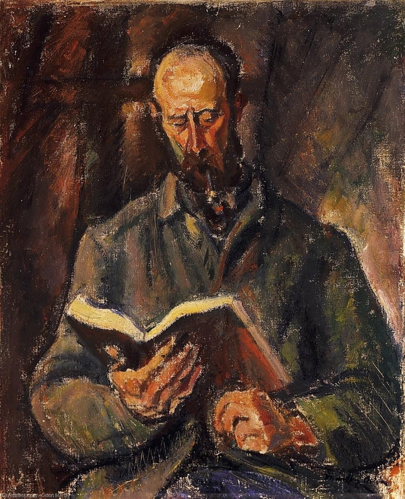 Wikioo.org – L'Encyclopédie des Beaux Arts - Peinture, Oeuvre de Odon Marffy - Homme fumant une pipe et  avec  une  livre