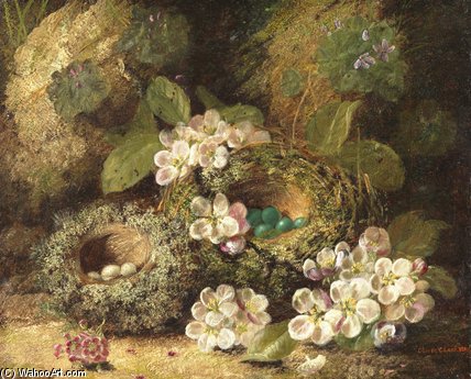 WikiOO.org - Encyclopedia of Fine Arts - Festés, Grafika Oliver Clare - Primroses And Bird's Nests On A Mossy Bank