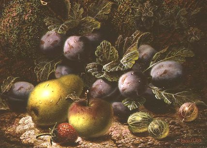 Wikioo.org - The Encyclopedia of Fine Arts - Painting, Artwork by Oliver Clare - Still Life With Plums, Gooseberries, Apple, Pear