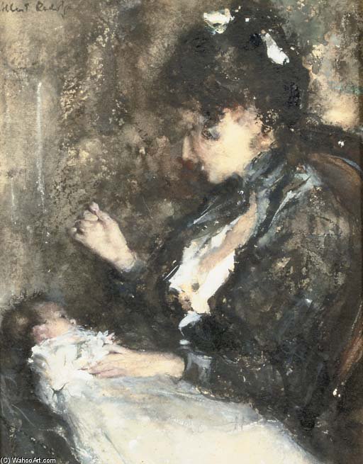 WikiOO.org - Encyclopedia of Fine Arts - Maleri, Artwork Otto Willem Albertus (Albert) Roelofs - Moedervreugd - Tjieke With Her First-born Baby Albertine