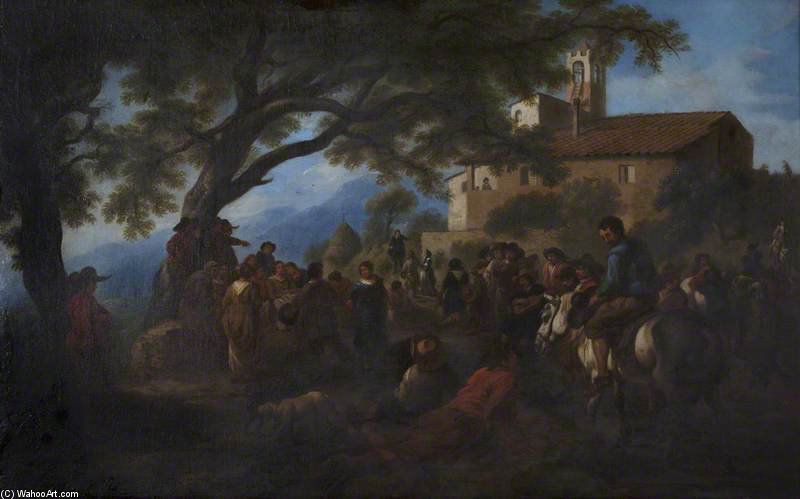 Wikioo.org - The Encyclopedia of Fine Arts - Painting, Artwork by Pandolfo Reschi - Villagers Gathered Under A Tree In Front Of A Small Monastery
