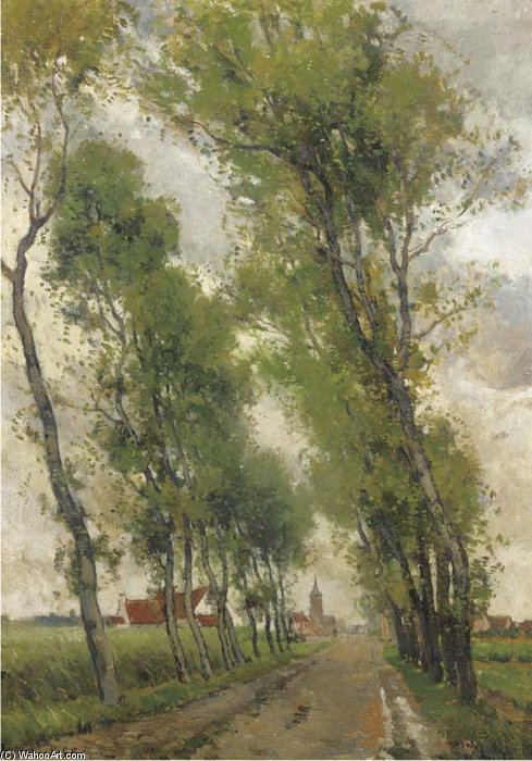Wikioo.org - The Encyclopedia of Fine Arts - Painting, Artwork by Paul Mathieu - A Treelined Countryroad With A Village In The Distance