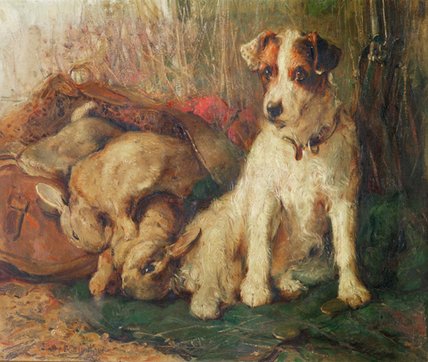 Wikioo.org - The Encyclopedia of Fine Arts - Painting, Artwork by Philip Eustace Stretton - Left In Charge - A Fox Terrier With Game