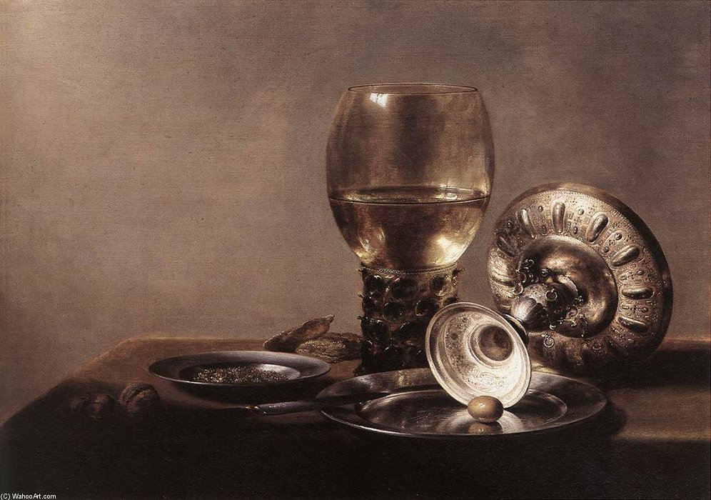 Wikioo.org – L'Encyclopédie des Beaux Arts - Peinture, Oeuvre de Pieter Claesz - nature morte avec  du vin  Verre  et  argent  bol