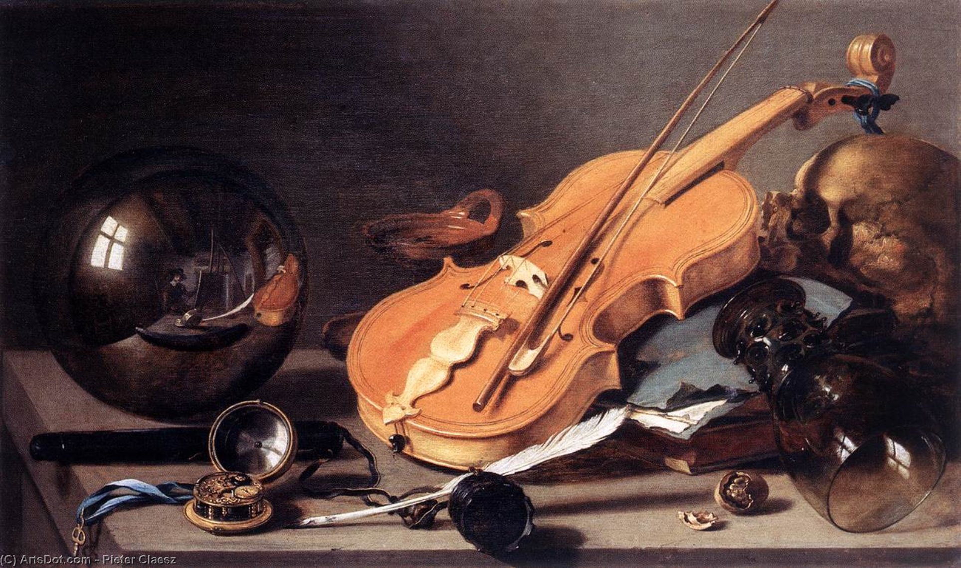 Wikioo.org - The Encyclopedia of Fine Arts - Painting, Artwork by Pieter Claesz - Vanitas With Violin And Glass Ball_2