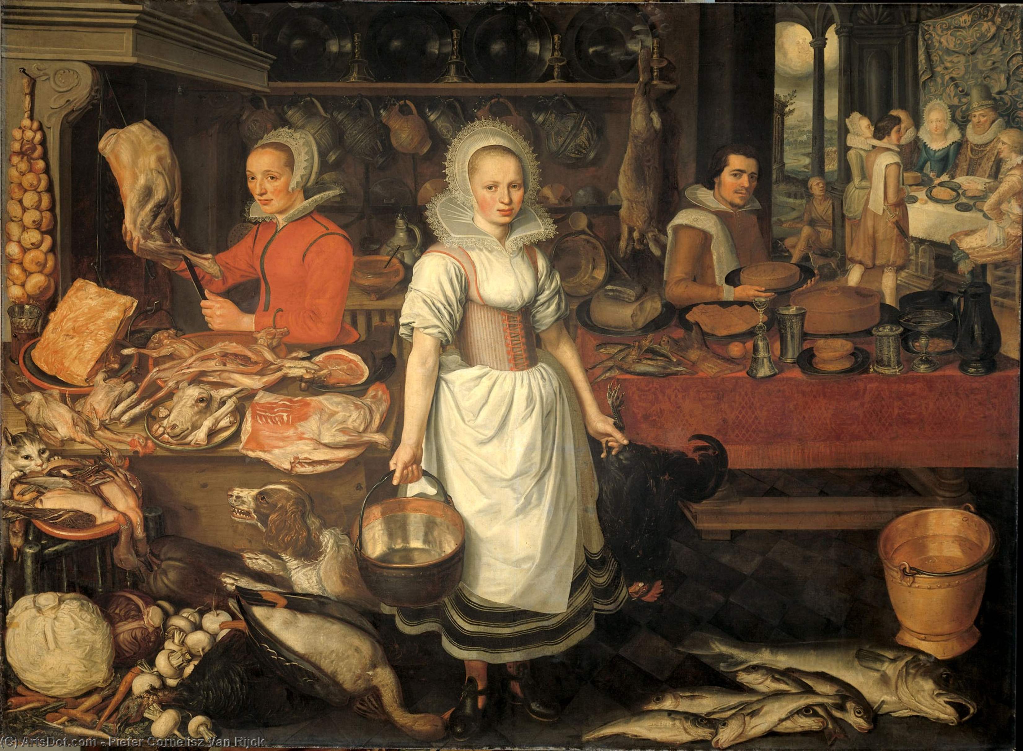 Wikioo.org - The Encyclopedia of Fine Arts - Painting, Artwork by Pieter Cornelisz Van Rijck - Kitchen Interior With The Parable Of The Rich Man And The Poor Lazarus.
