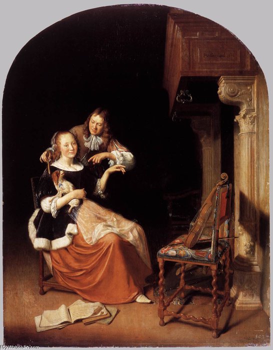 Wikioo.org - The Encyclopedia of Fine Arts - Painting, Artwork by Pieter Cornelisz Van Slingeland - Lady With A Pet Dog