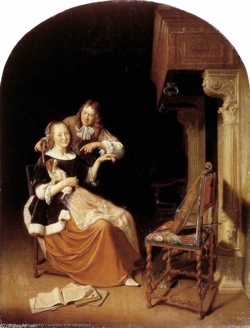 Wikioo.org - The Encyclopedia of Fine Arts - Painting, Artwork by Pieter Cornelisz Van Slingeland - Woman With Pet Dog