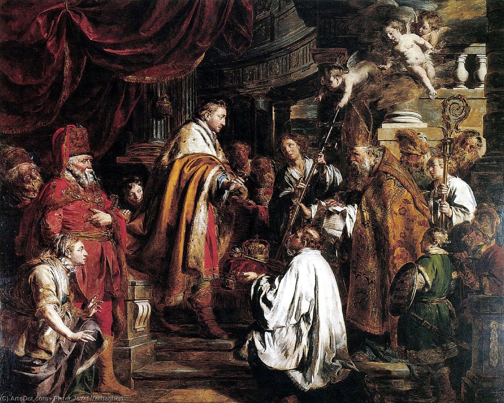 Wikioo.org - The Encyclopedia of Fine Arts - Painting, Artwork by Pieter Jozef Verhaghen - Saint Stephen Hungarian King Receives The Pope's Envoys Who Bring The Crown