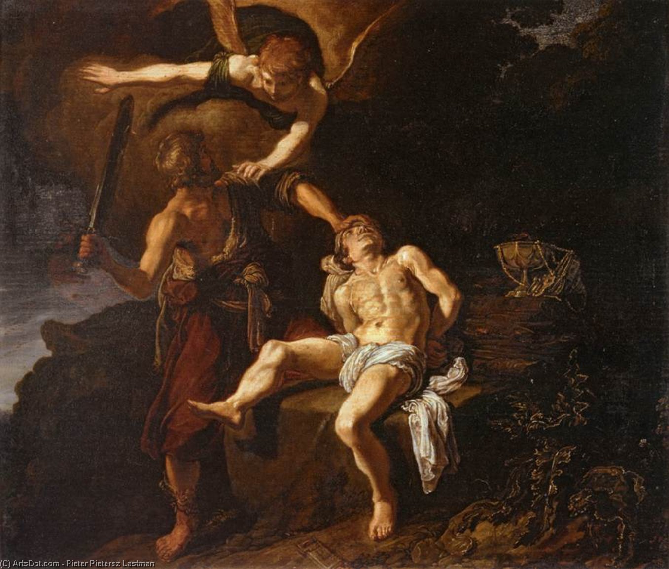 Wikioo.org - The Encyclopedia of Fine Arts - Painting, Artwork by Pieter Pietersz Lastman - The Angel Of The Lord Preventing Abraham From Sacrificing His Son Isaac