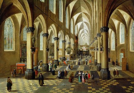 Wikioo.org - The Encyclopedia of Fine Arts - Painting, Artwork by Pieter Neefs The Elder - Figures Gathered In A Church Interior