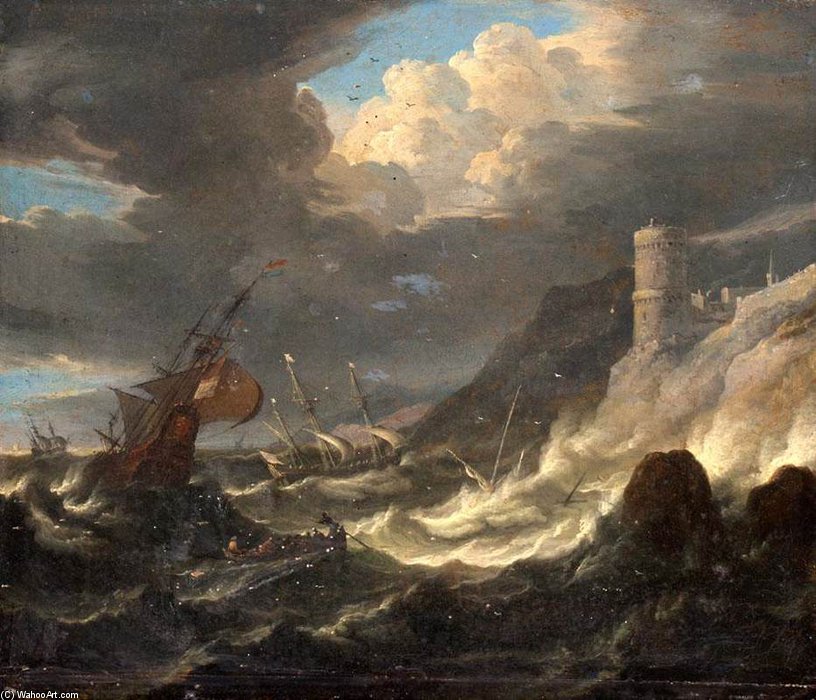 Wikioo.org – L'Enciclopedia delle Belle Arti - Pittura, Opere di Pieter The Younger Holsteyn - spedizione off Un  roccioso  litorale  contro  Tempesta