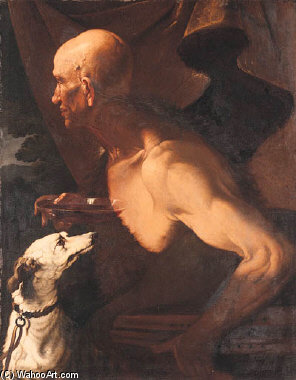 Wikioo.org – L'Encyclopédie des Beaux Arts - Peinture, Oeuvre de Pietro Paolini - Un philosophe Avec Cornemuse, Un verre plat de vin et un chien