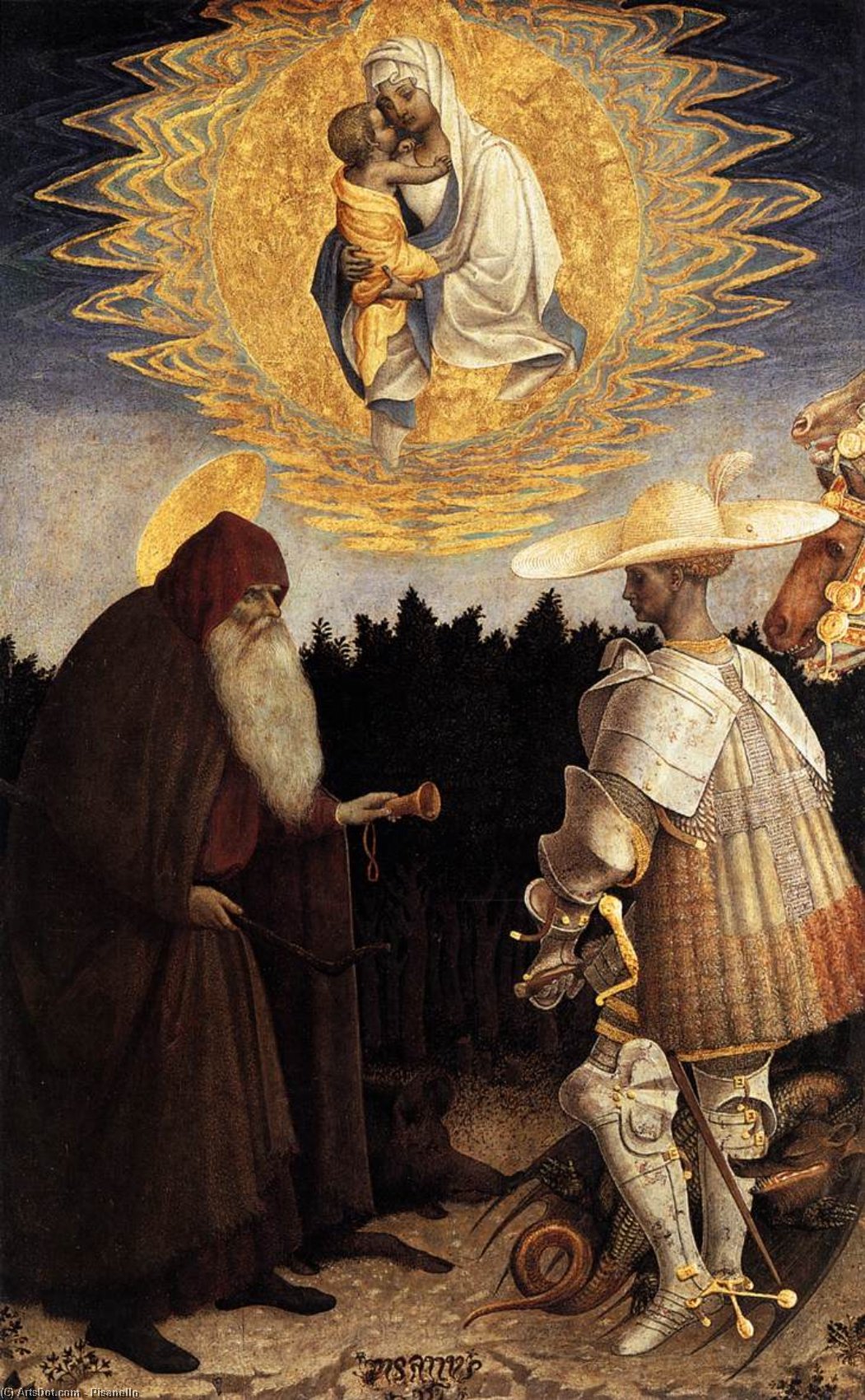 Wikoo.org - موسوعة الفنون الجميلة - اللوحة، العمل الفني Pisanello - Apparition Of The Virgin To Sts Anthony Abbot And George. Panel. 47 X 29 Cm. National Gallery, London, Uk