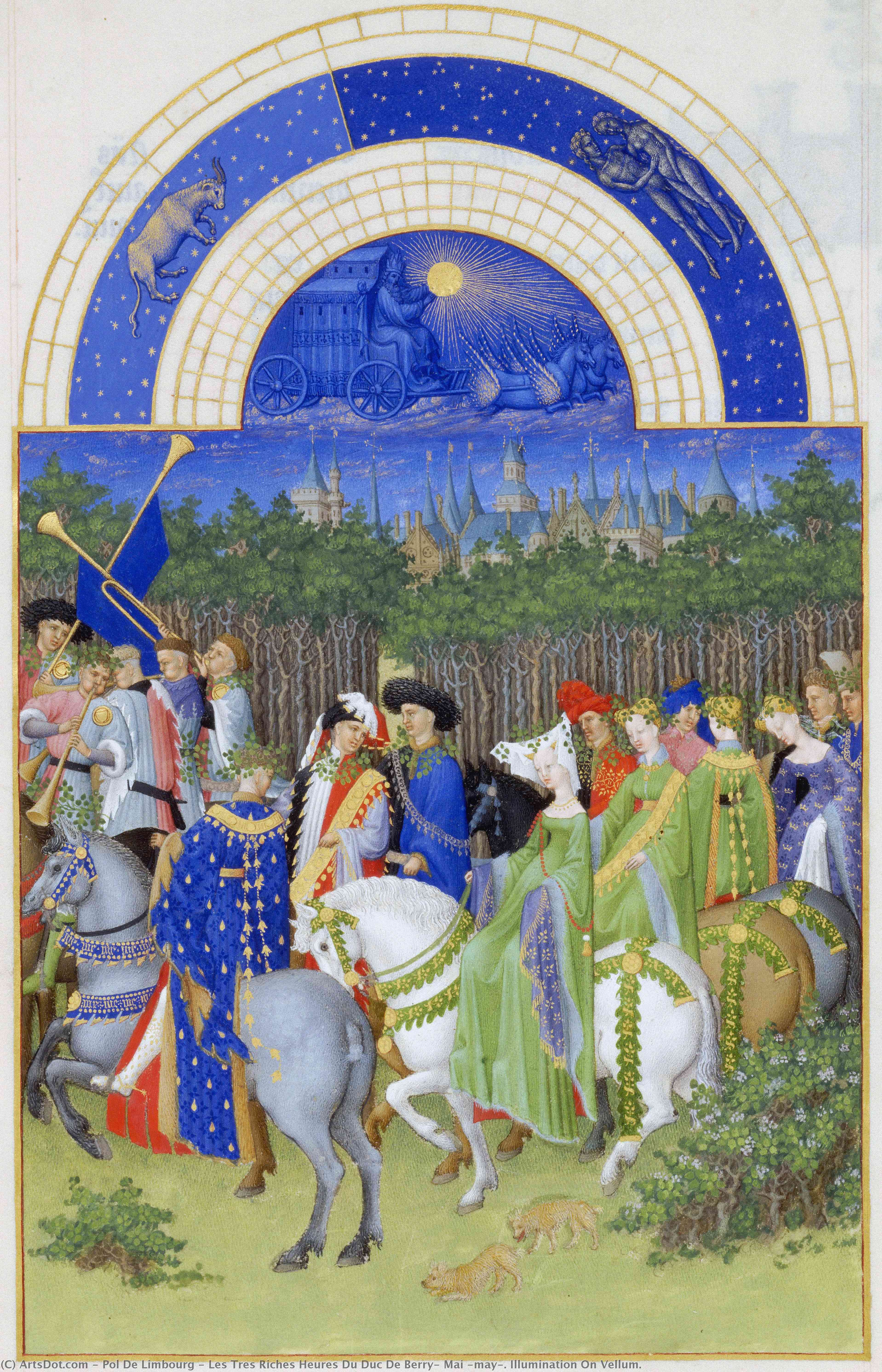WikiOO.org - Encyclopedia of Fine Arts - Malba, Artwork Pol De Limbourg - Les Tres Riches Heures Du Duc De Berry- Mai (may). Illumination On Vellum.