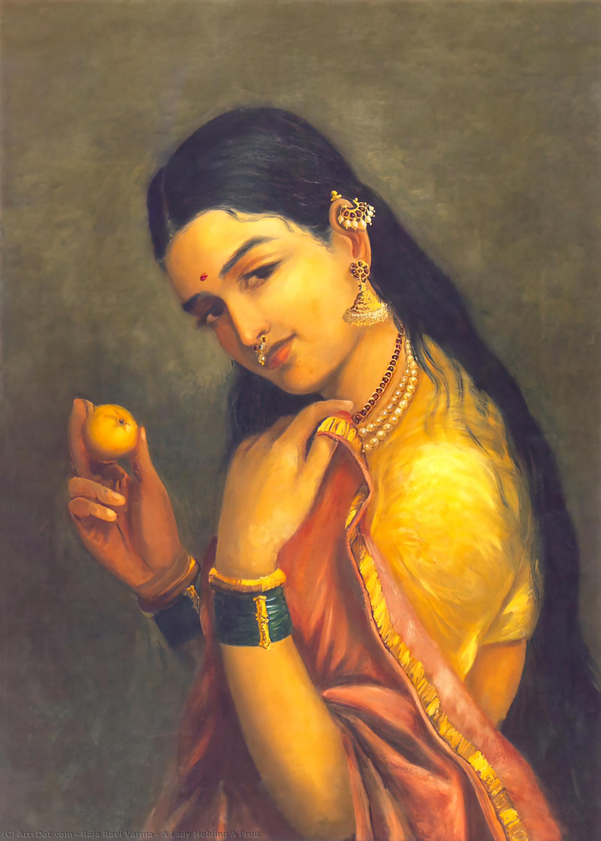 Wikioo.org - The Encyclopedia of Fine Arts - Painting, Artwork by Raja Ravi Varma - A Lady Holding A Fruit