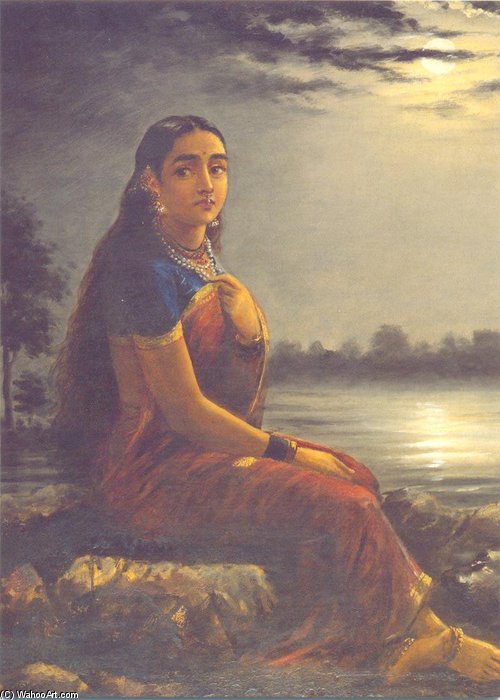 WikiOO.org – 美術百科全書 - 繪畫，作品 Raja Ravi Varma -  女士 在 月光