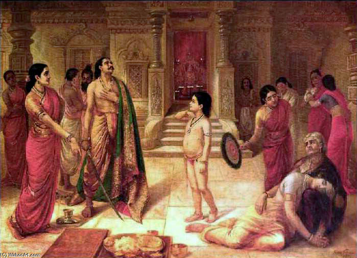 Wikioo.org - The Encyclopedia of Fine Arts - Painting, Artwork by Raja Ravi Varma - Mohini And Rugmangada To Kill His Own Son Raja Ravi Varma