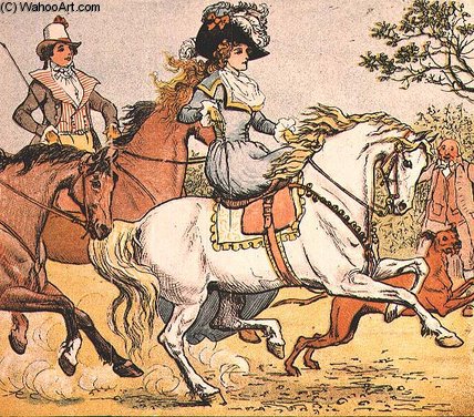 Wikioo.org – L'Encyclopédie des Beaux Arts - Peinture, Oeuvre de Randolph Caldecott - Une beaux lady sur une cheval blanc de tour Une cock cheval