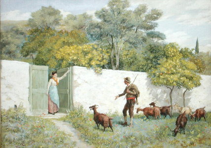 Wikioo.org - The Encyclopedia of Fine Arts - Painting, Artwork by Randolph Caldecott - Scene At Montone - The Goatherd