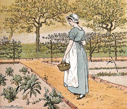 Wikioo.org - The Encyclopedia of Fine Arts - Painting, Artwork by Randolph Caldecott - She Went Into The Garden