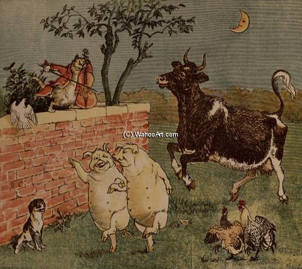 Wikioo.org - The Encyclopedia of Fine Arts - Painting, Artwork by Randolph Caldecott - The Cat And The Fiddle And The Cow