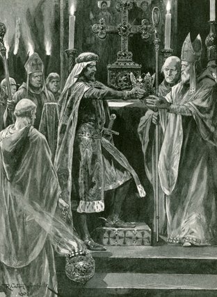 Wikioo.org - The Encyclopedia of Fine Arts - Painting, Artwork by Richard Caton De Woodville - I Delivering The Crown To The Archbishop