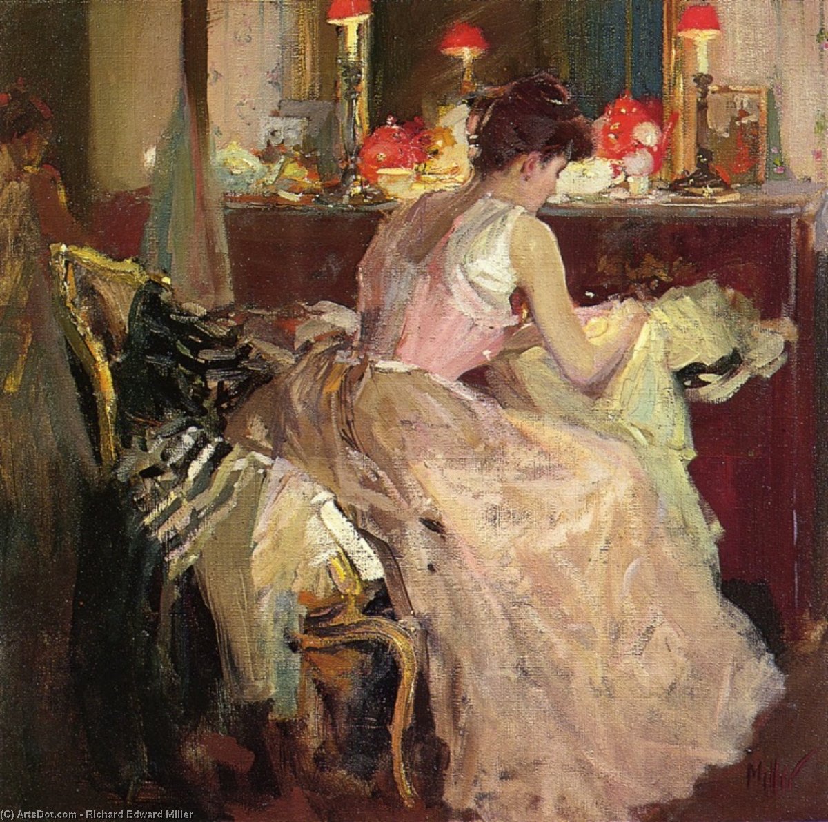 Wikioo.org - The Encyclopedia of Fine Arts - Painting, Artwork by Richard Edward Miller - Sewing By Lamp Light