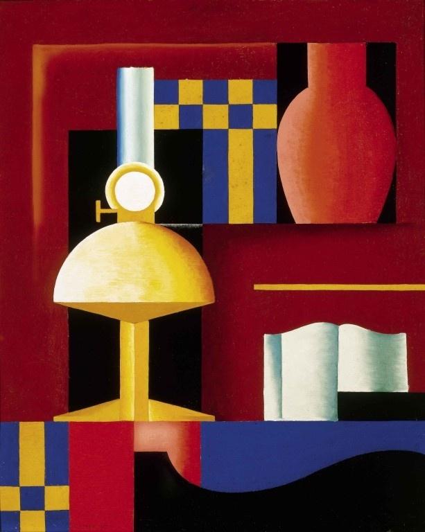Wikioo.org - The Encyclopedia of Fine Arts - Painting, Artwork by Sandor Bortnyik - Composition With Paraffine Lamp, Vase And Book