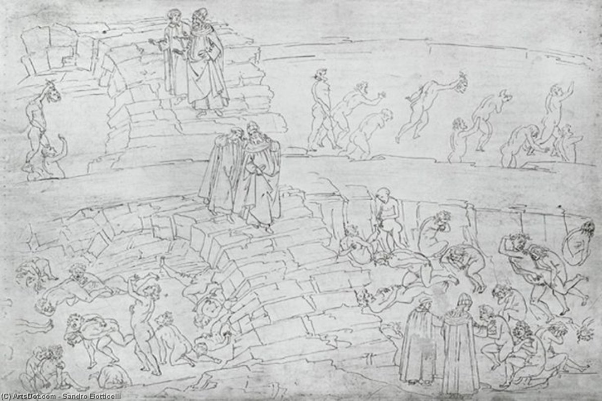 Wikioo.org - Die Enzyklopädie bildender Kunst - Malerei, Kunstwerk von Sandro Botticelli - dante und virgil Von 'the Göttlich Comedy'