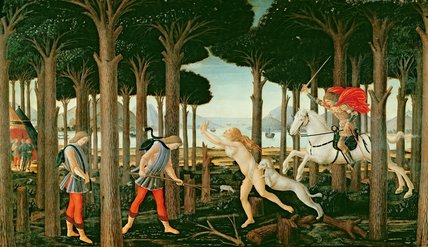Wikioo.org - The Encyclopedia of Fine Arts - Painting, Artwork by Sandro Botticelli - Nastagio's Vision Of The Ghostly Pursuit In The Forest