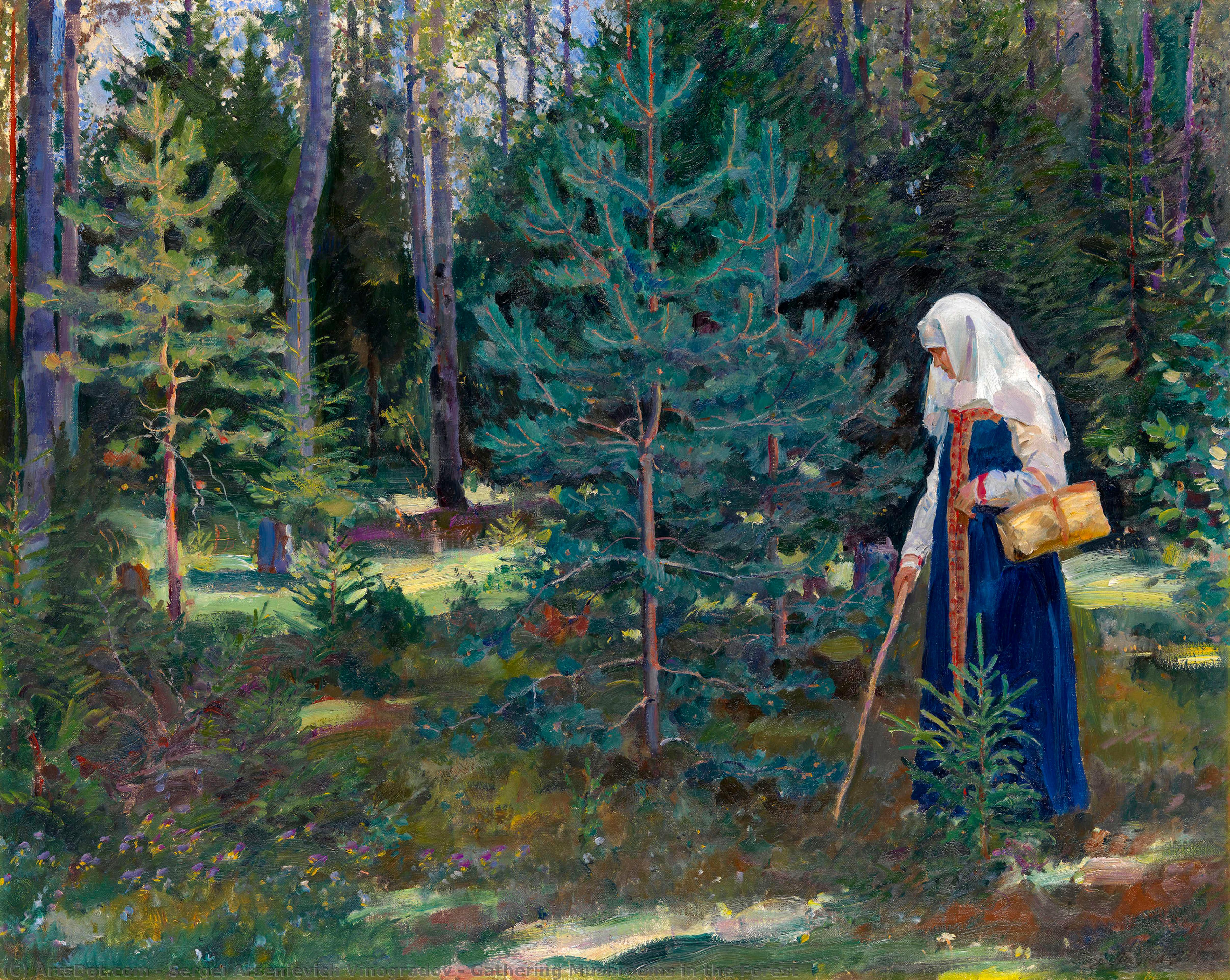 Wikioo.org - The Encyclopedia of Fine Arts - Painting, Artwork by Sergei Arsenievich Vinogradov - Gathering Mushrooms in the Forest