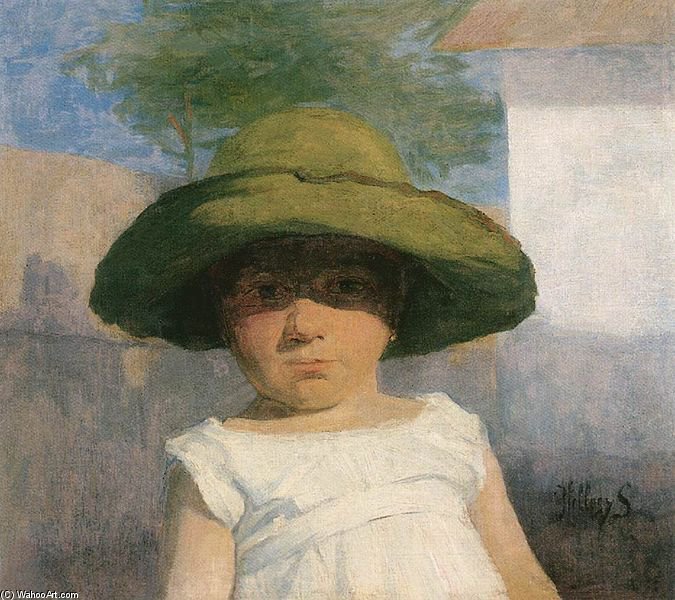 Wikioo.org – La Enciclopedia de las Bellas Artes - Pintura, Obras de arte de Simon Hollosy - chica con a grande verde sombrero