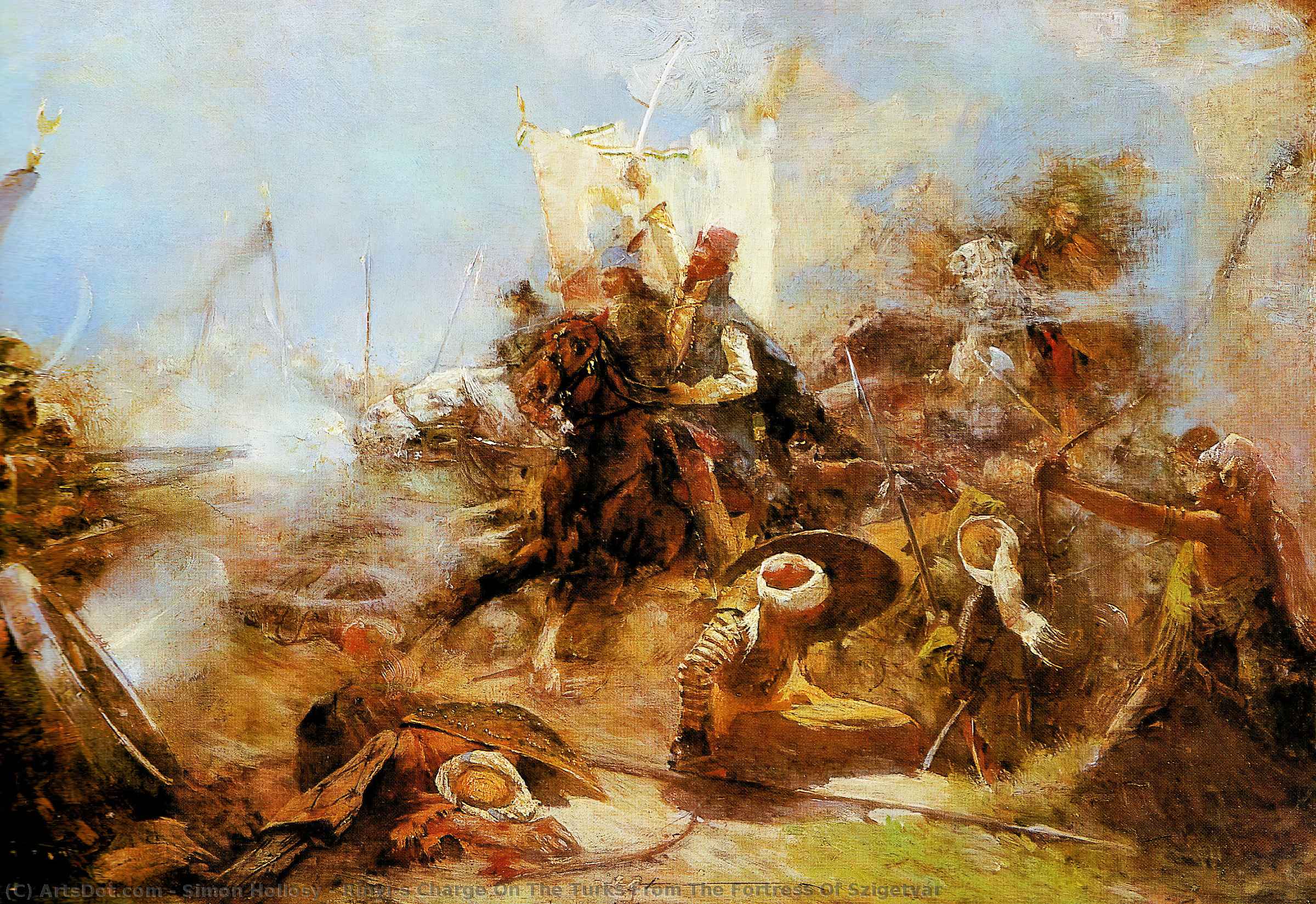 Wikioo.org - The Encyclopedia of Fine Arts - Painting, Artwork by Simon Hollosy - Rínyi's Charge On The Turks From The Fortress Of Szigetvár