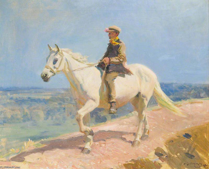 Wikioo.org - Bách khoa toàn thư về mỹ thuật - Vẽ tranh, Tác phẩm nghệ thuật Alfred James Munnings - 'shrimp' On A White Welsh Pony