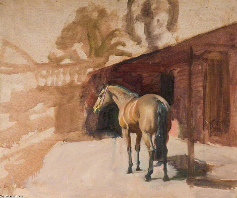 Wikioo.org - The Encyclopedia of Fine Arts - Painting, Artwork by Alfred James Munnings - A Bay Horse Near A Building