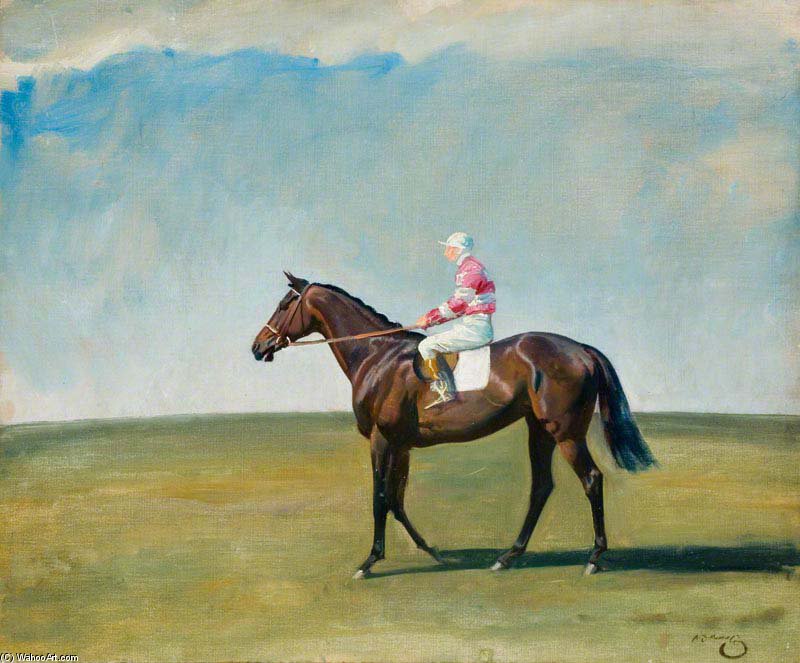 Wikioo.org - The Encyclopedia of Fine Arts - Painting, Artwork by Alfred James Munnings - A Bay Racehorse With Jockey Up