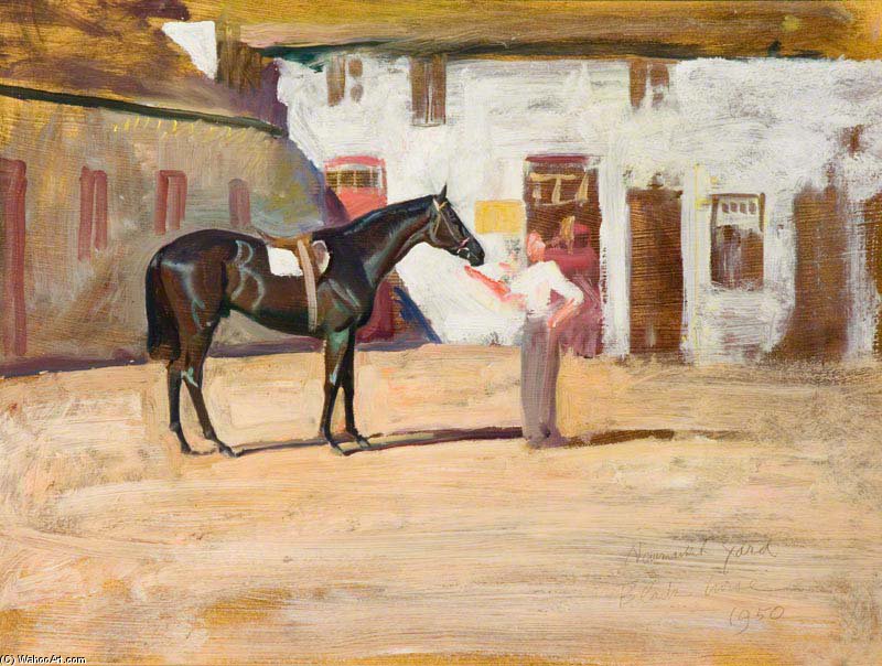 Wikioo.org - The Encyclopedia of Fine Arts - Painting, Artwork by Alfred James Munnings - A Black Horse At Newmarket