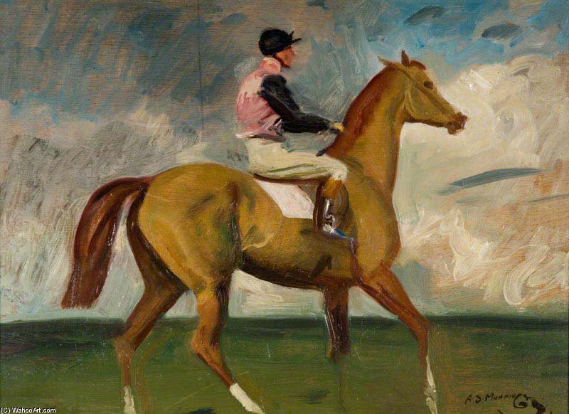 Wikioo.org – L'Enciclopedia delle Belle Arti - Pittura, Opere di Alfred James Munnings - Un cavallo da corsa Castagno Con Fantino Up In Un Paesaggio