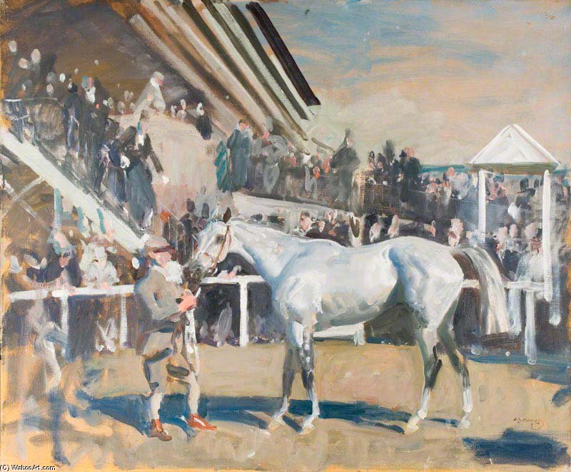 Wikoo.org - موسوعة الفنون الجميلة - اللوحة، العمل الفني Alfred James Munnings - A Grey Horse In The Unsaddling Paddock, Epsom