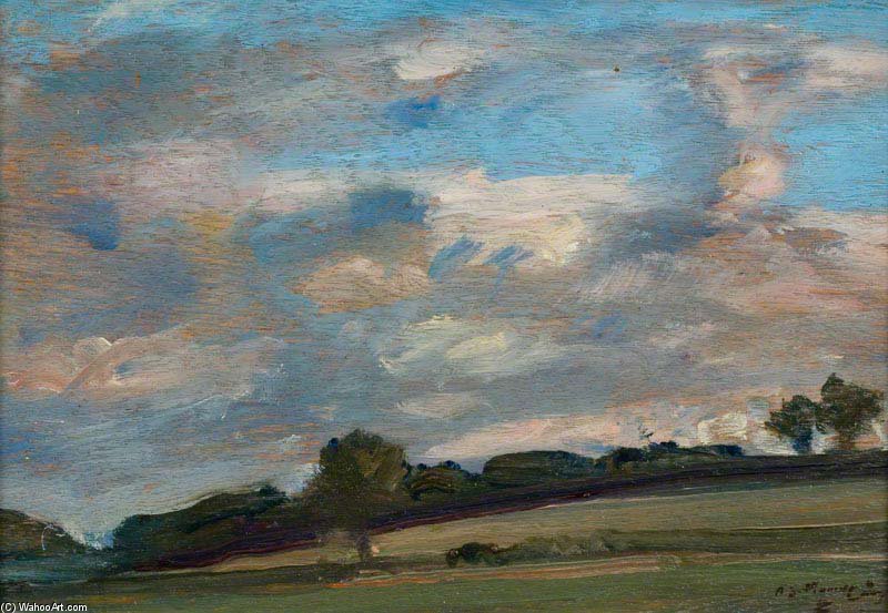 WikiOO.org - Encyclopedia of Fine Arts - Maleri, Artwork Alfred James Munnings - A Landscape Of Fields And Hedgerows In Deep Shadow