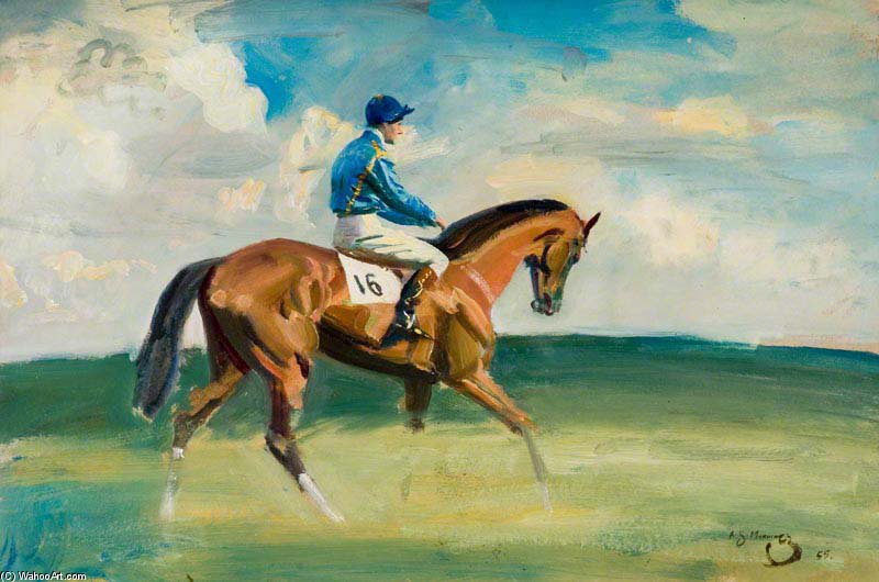 Wikioo.org - Bách khoa toàn thư về mỹ thuật - Vẽ tranh, Tác phẩm nghệ thuật Alfred James Munnings - A Racehorse With Jockey Up, Wearing Blue With Yellow Ribbon