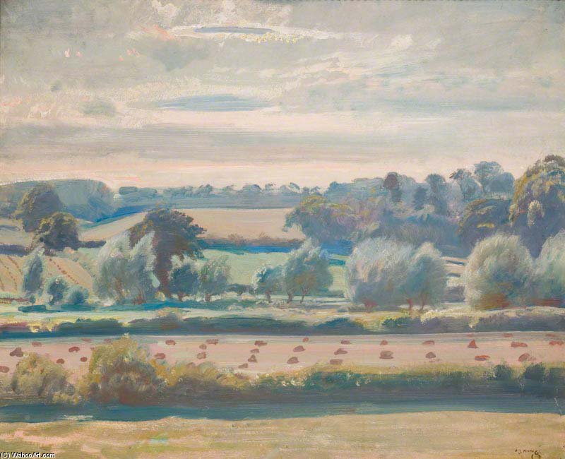 Wikioo.org - สารานุกรมวิจิตรศิลป์ - จิตรกรรม Alfred James Munnings - A View Of Dedham Vale With Stacks In A Field