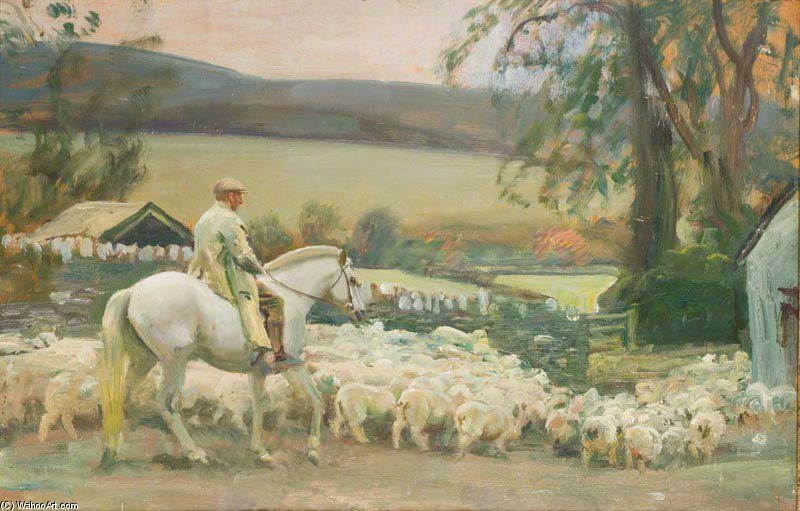 Wikioo.org - Encyklopedia Sztuk Pięknych - Malarstwo, Grafika Alfred James Munnings - Bringing Home The Sheep, Withypool, Exmoor -