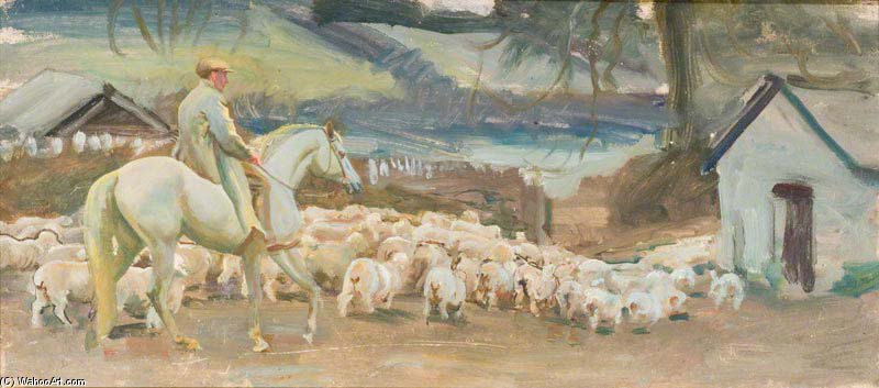 WikiOO.org - Enciclopédia das Belas Artes - Pintura, Arte por Alfred James Munnings - Bringing Home The Sheep, Withypool, Exmoor -
