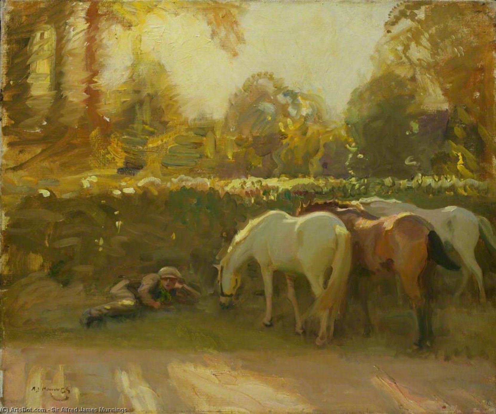 Wikioo.org - The Encyclopedia of Fine Arts - Painting, Artwork by Alfred James Munnings - Gypsy Horses Grazing By A Roadside With A Boy Asleep On A Verge